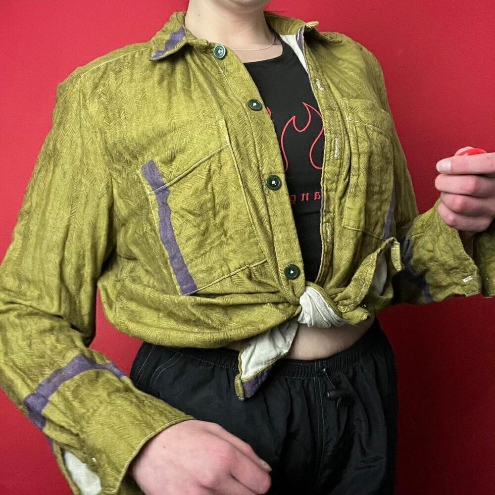 One of a kind / Vintage brownish green and purple button up